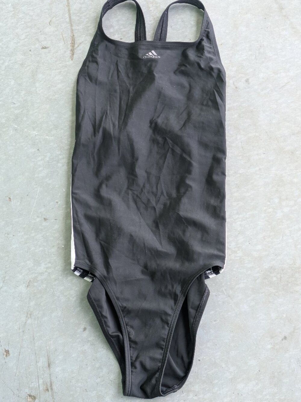 Adidas One Piece Black Athletic Swimsuit with White Side Striped Girls 14-16 Y